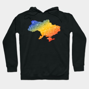 Colorful mandala art map of Ukraine with text in blue, yellow, and red Hoodie